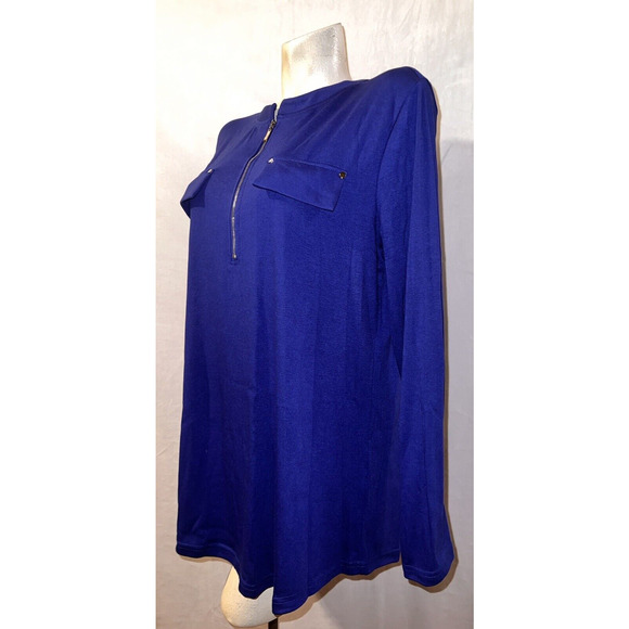 New YA YA BAY Top Women's Size 3XL Royal Blue Zip Neck Roll Tab LS Shirt Tunic - Picture 6 of 8